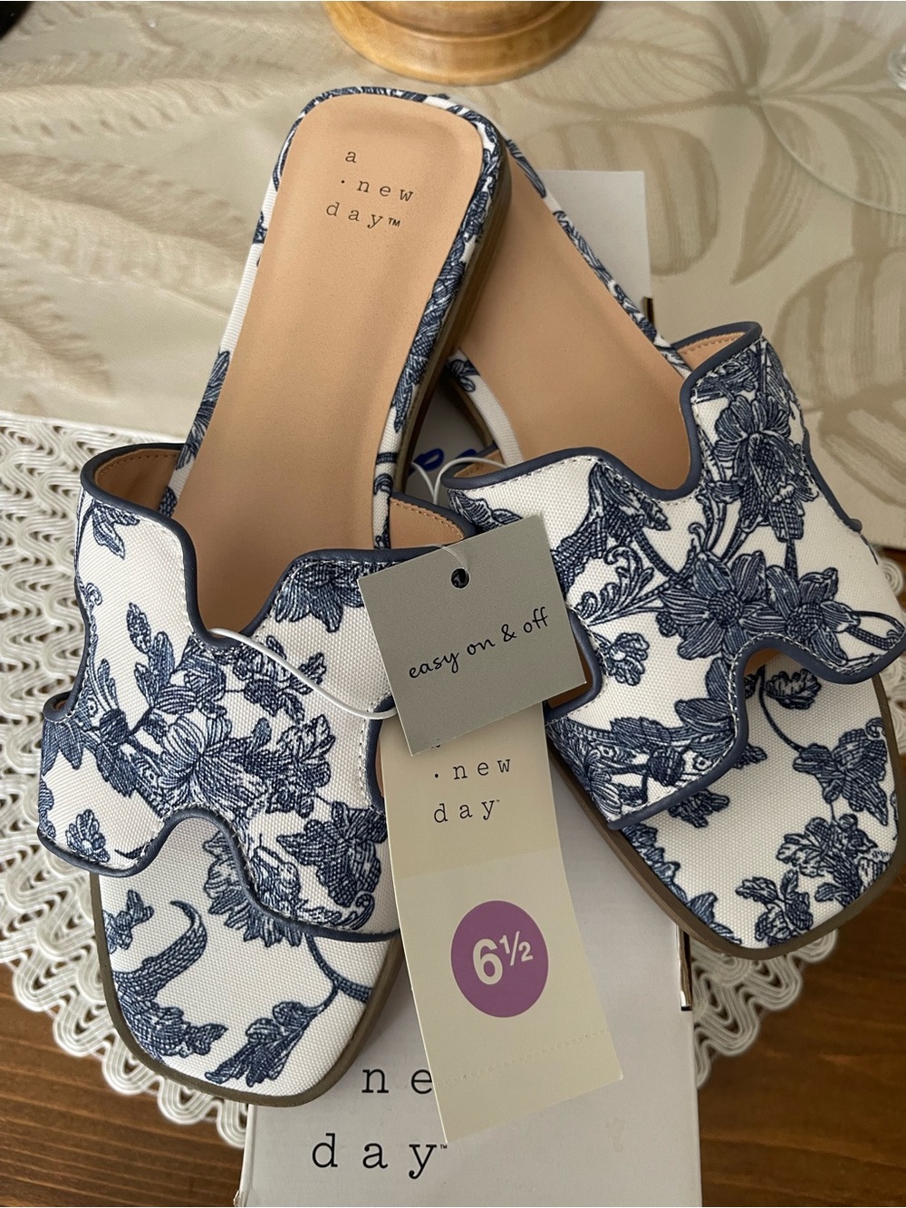 a new day White & Navy Floral Scalloped Slide Mules